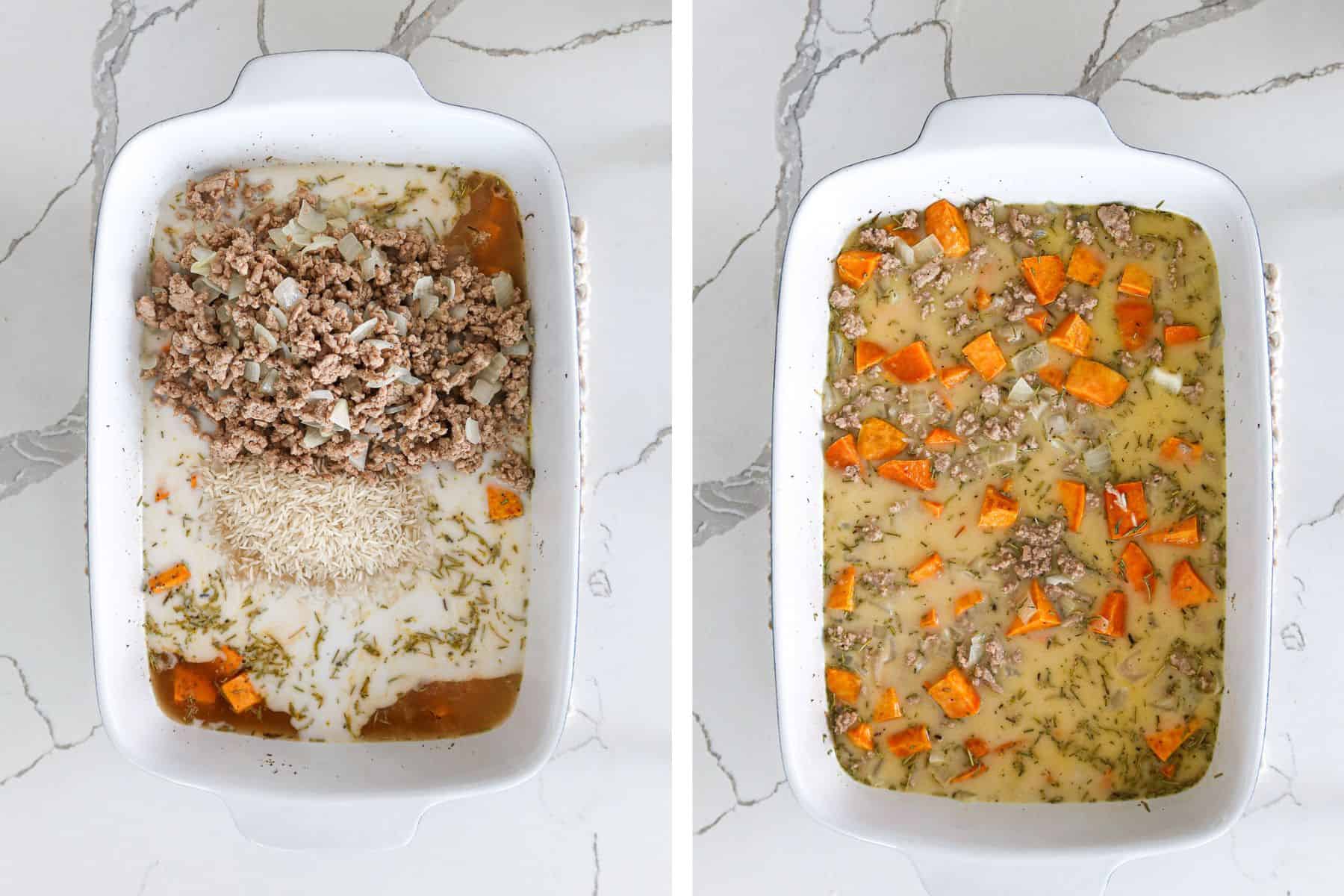 All ingredients, except for cheese, added to baking dish with roasted sweet potato.