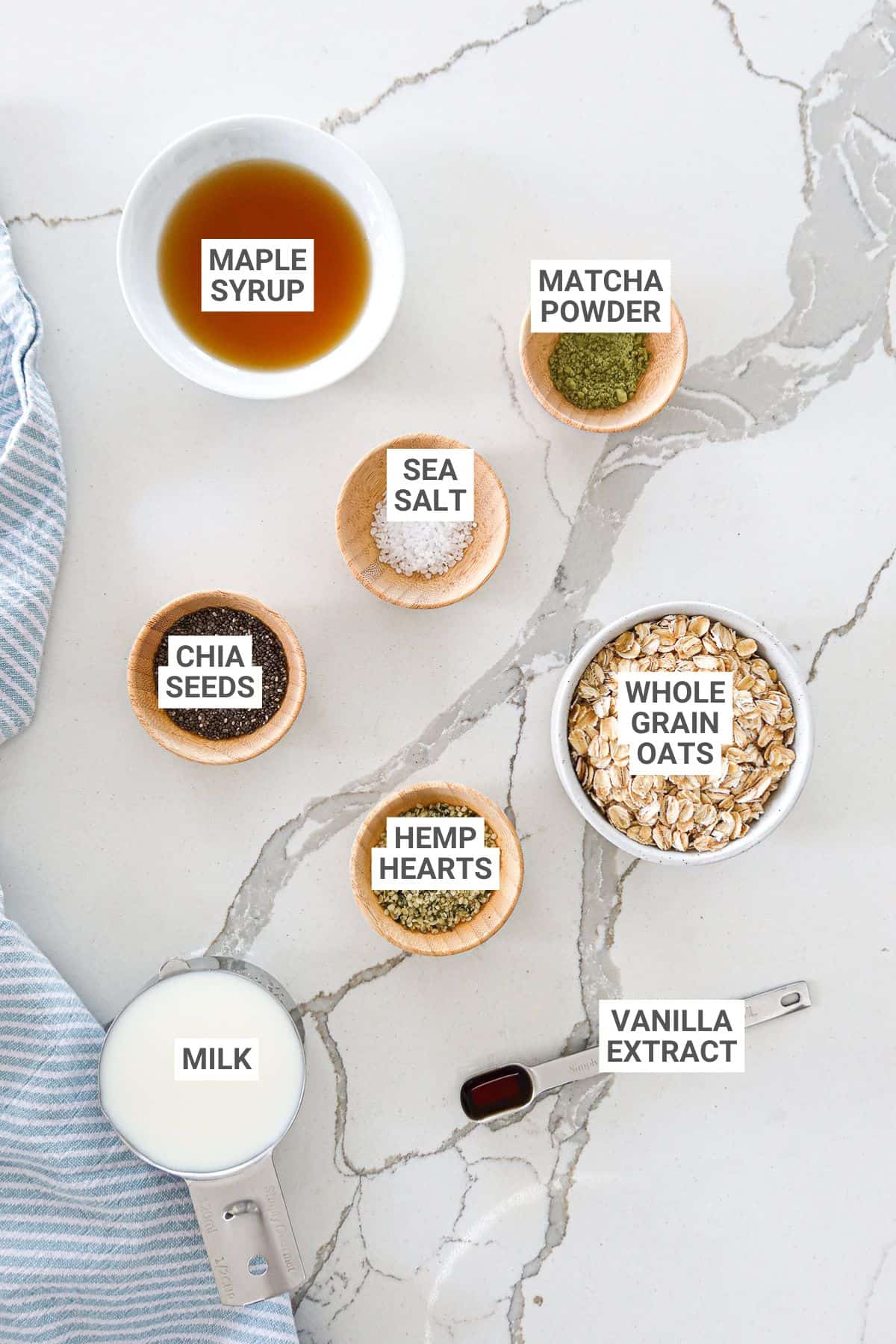 Matcha overnight oats ingredients with text overlay labels.
