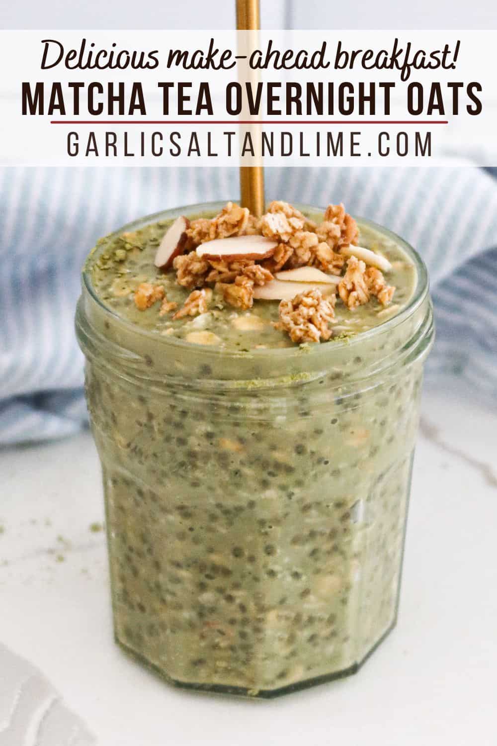 Matcha overnight oats with text overlay for Pinterest.