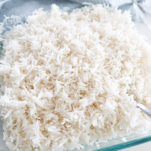 Baked rice in a glass baking dish.