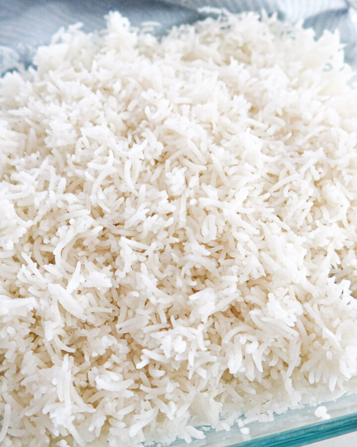 Baked rice in a glass baking dish.