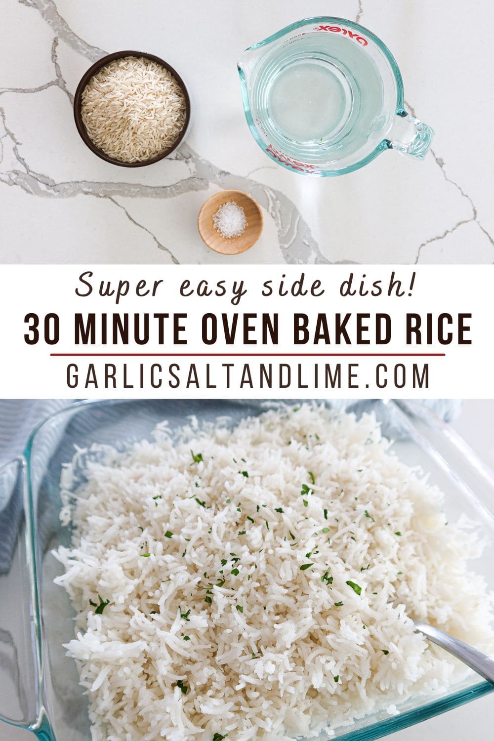 Top: ingredients for oven baked rice. Bottom: fluffy, cooked rice in glass baking dish.