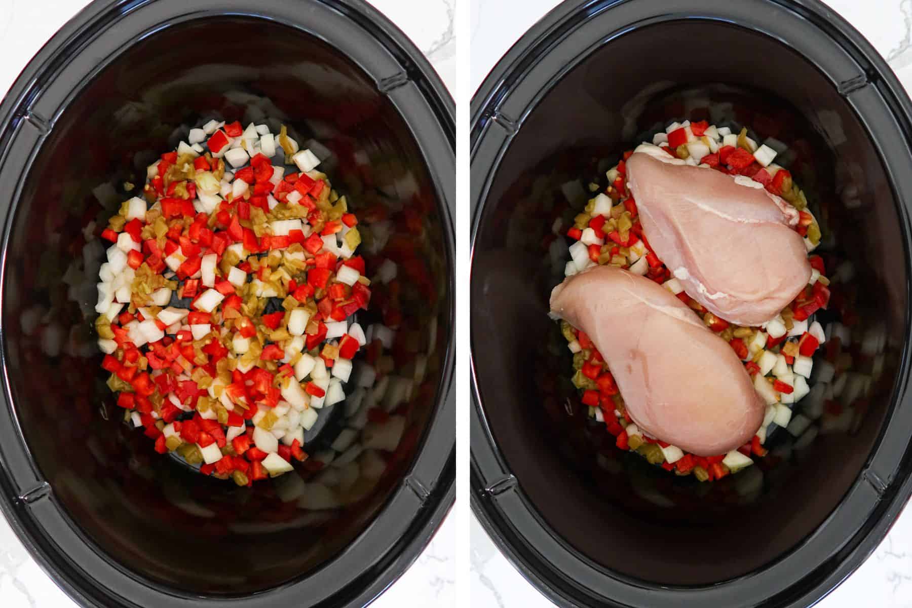 Left: veggies in crockpot. Right: chicken atop veggies.