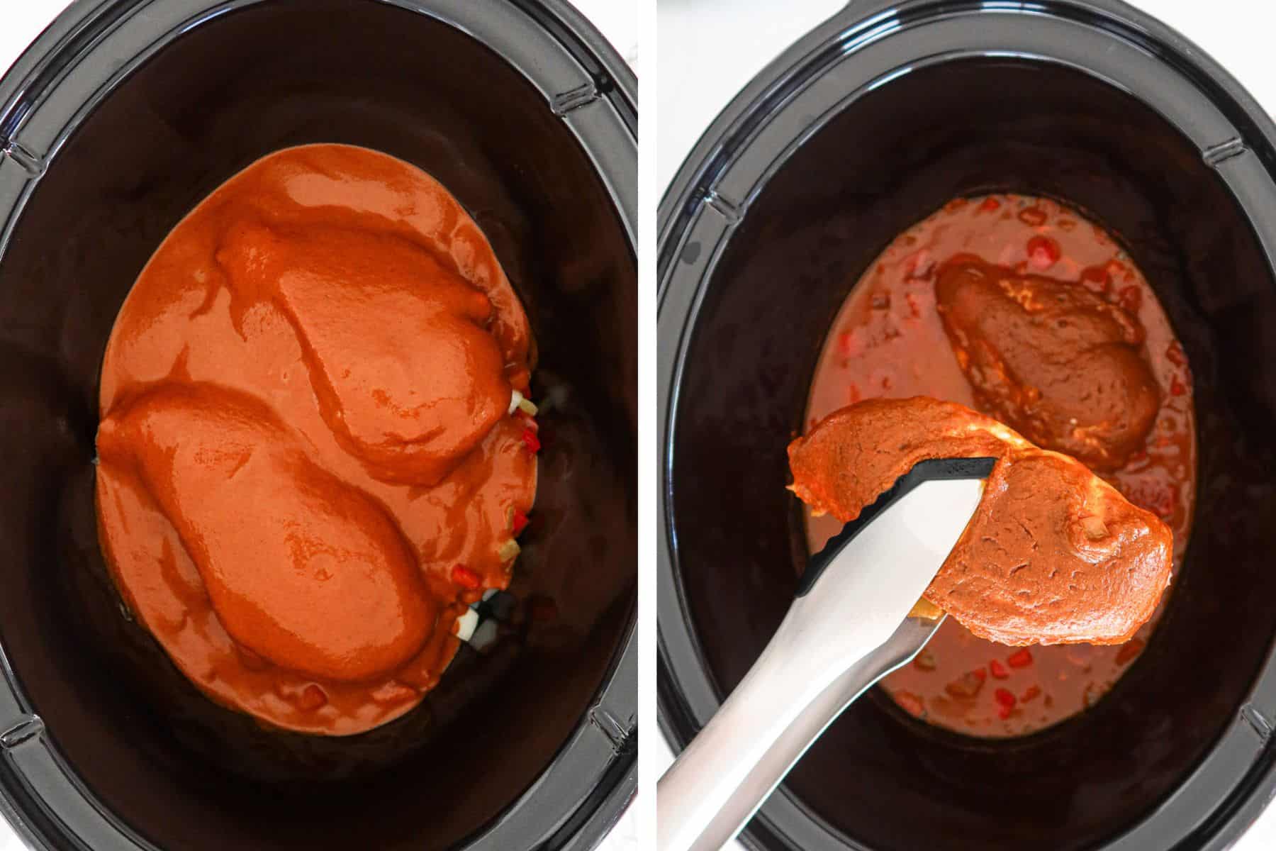 Left: enchilada sauce poured over chicken and veggies. Right: removing cooked chicken from crockpot.