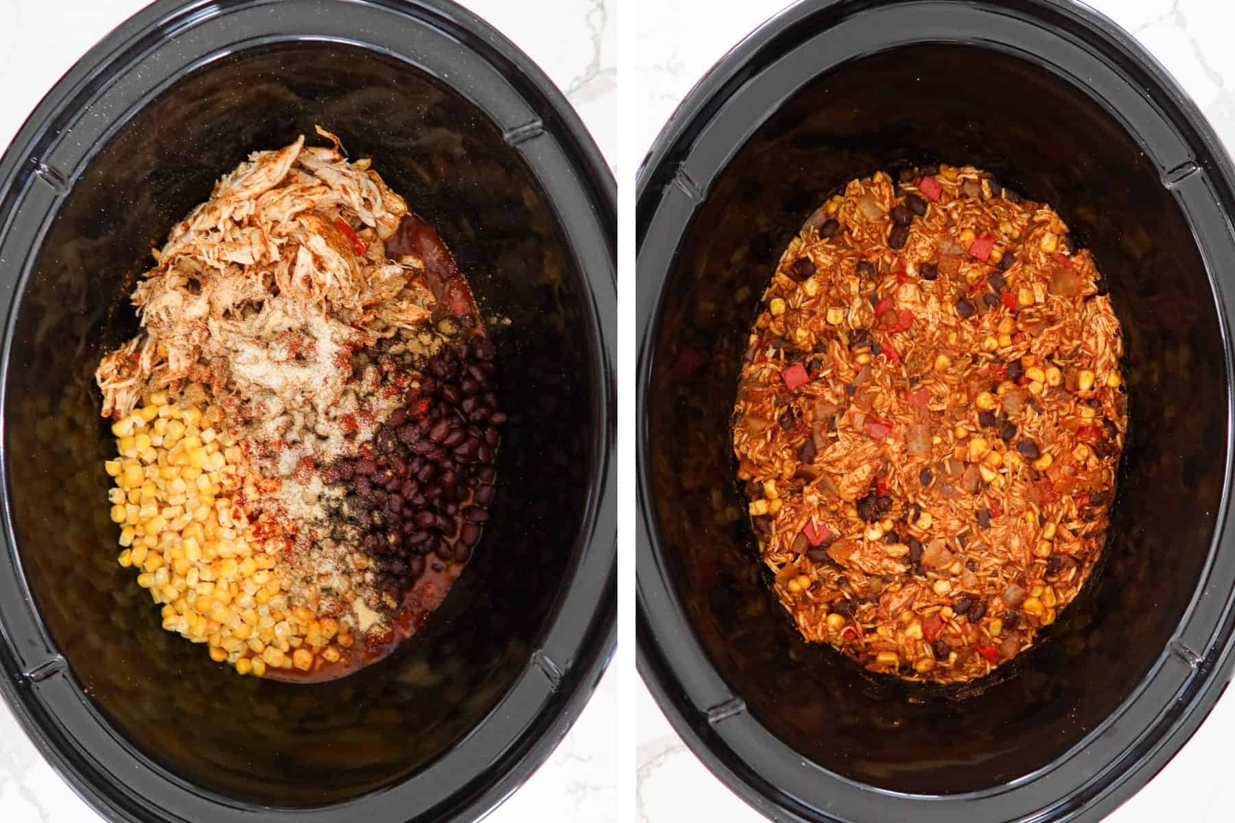Left: shredded chicken, cooked rice, beans, corn and spices in crockpot. Right: everything mixed together.