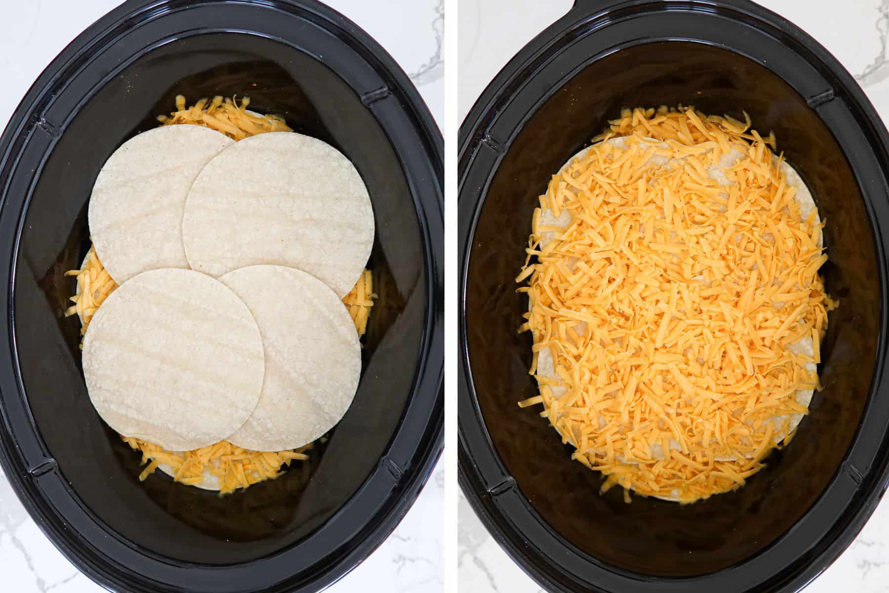Adding layers of cheese and corn tortillas atop enchilada filling mixture in crockpot.