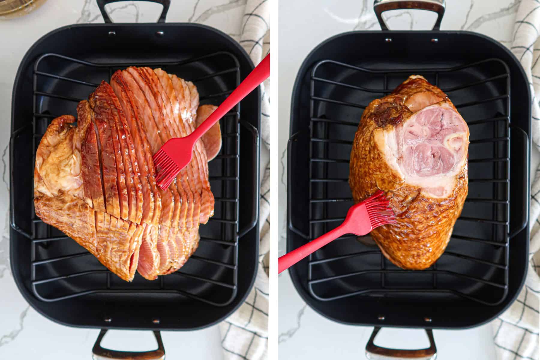 Left: brushing glaze between ham slices. Right: Glazing top of ham.