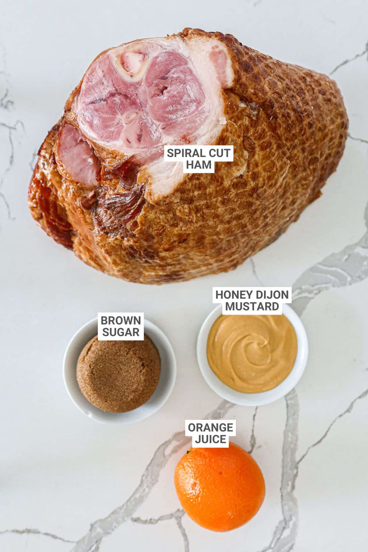 Spiral ham ingredients with text overlay labels. 