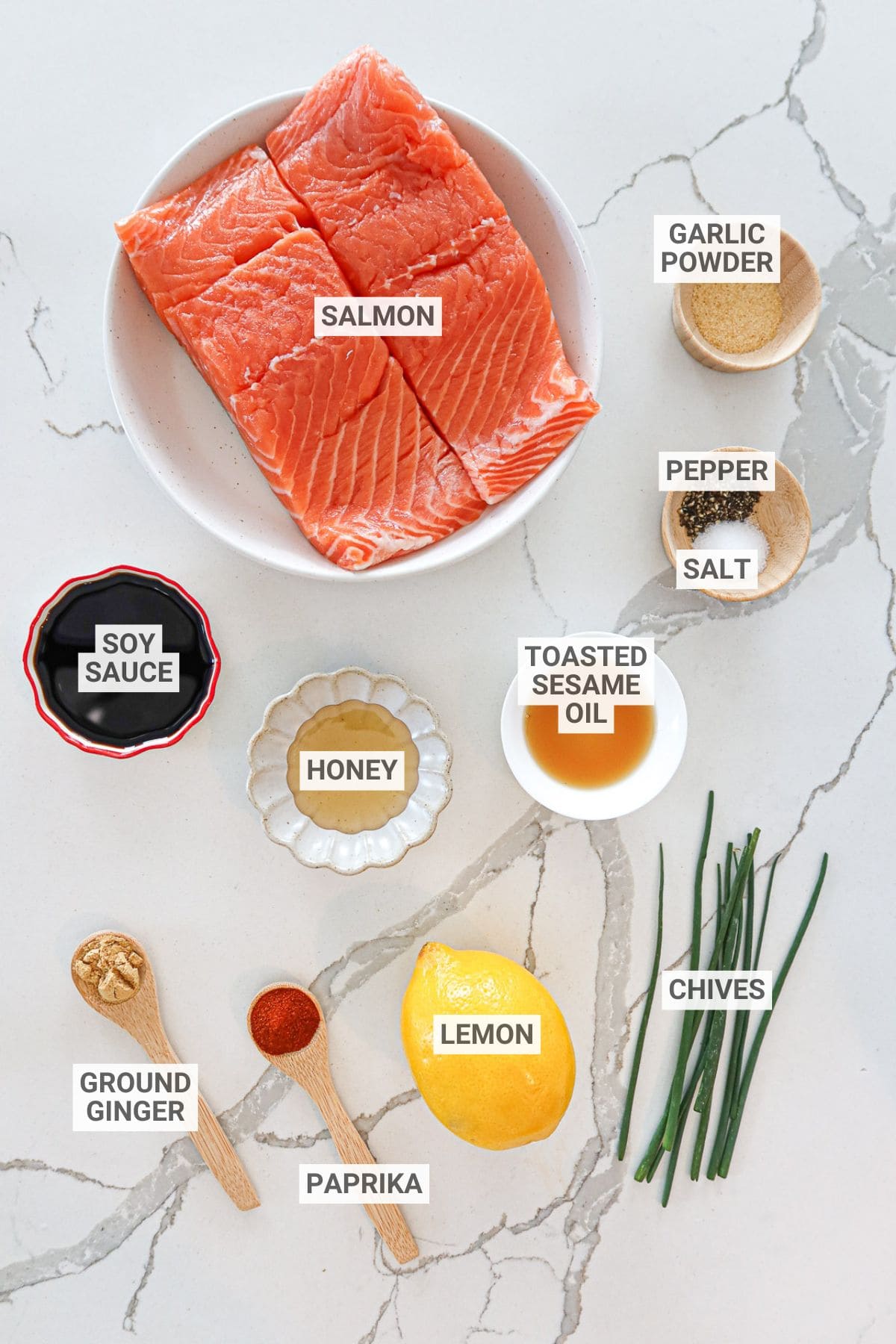 Salmon bites ingredients with text overlay labels.