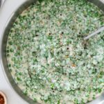Creamed peas with text overlay for Pinterest.
