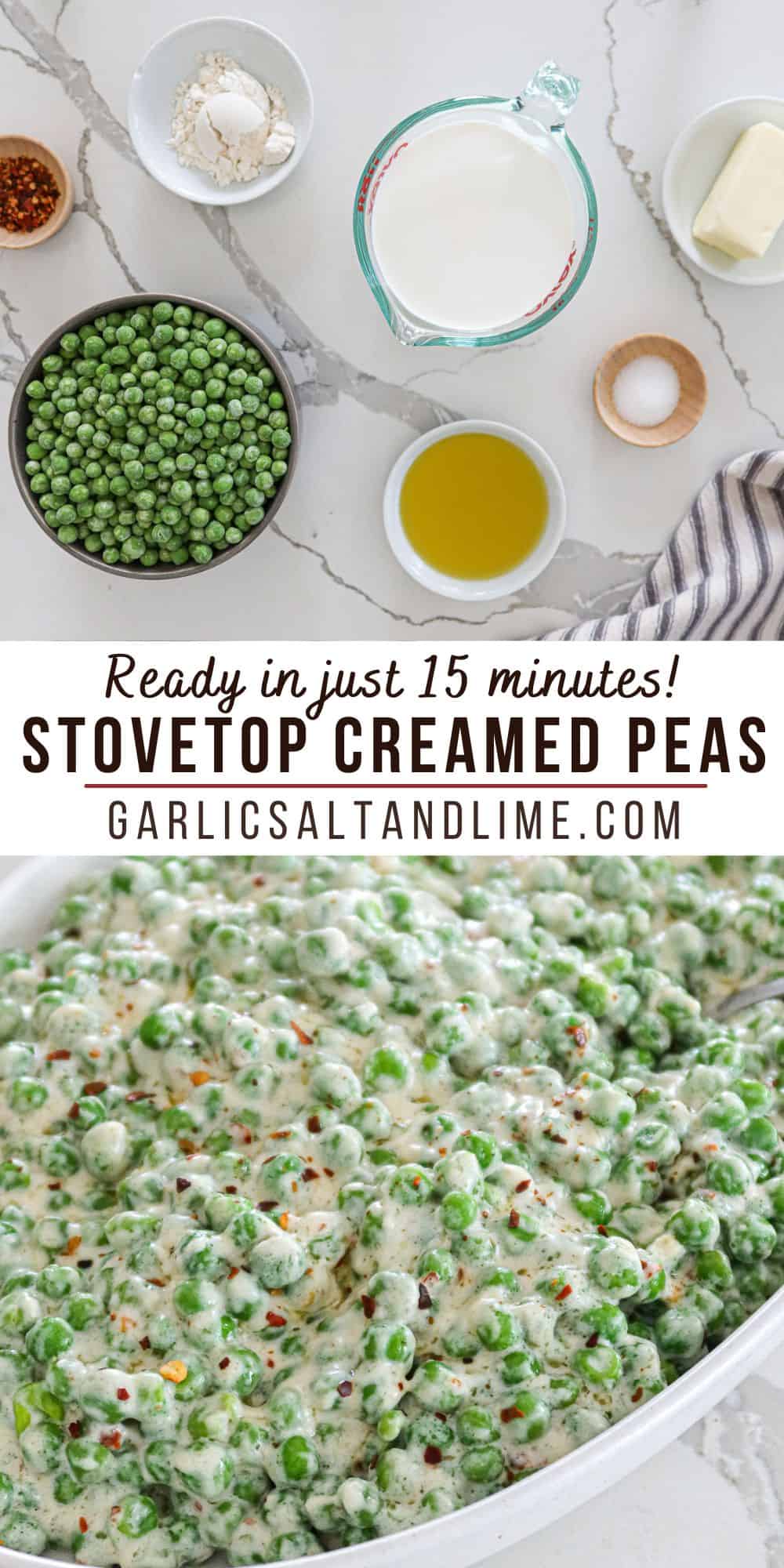 Creamed peas with text overlay for Pinterest.