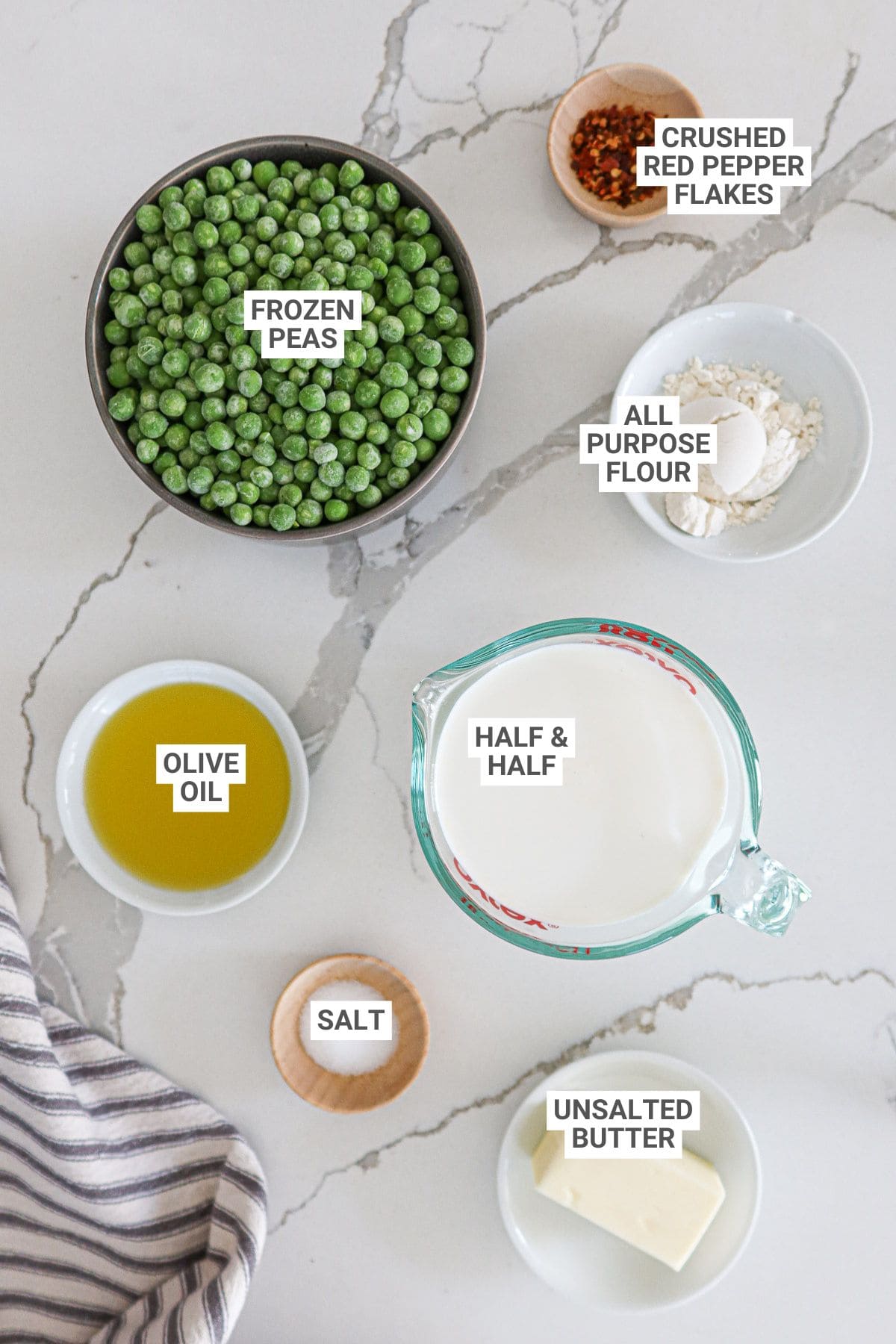 Creamed pea ingredients with text overlay labels.