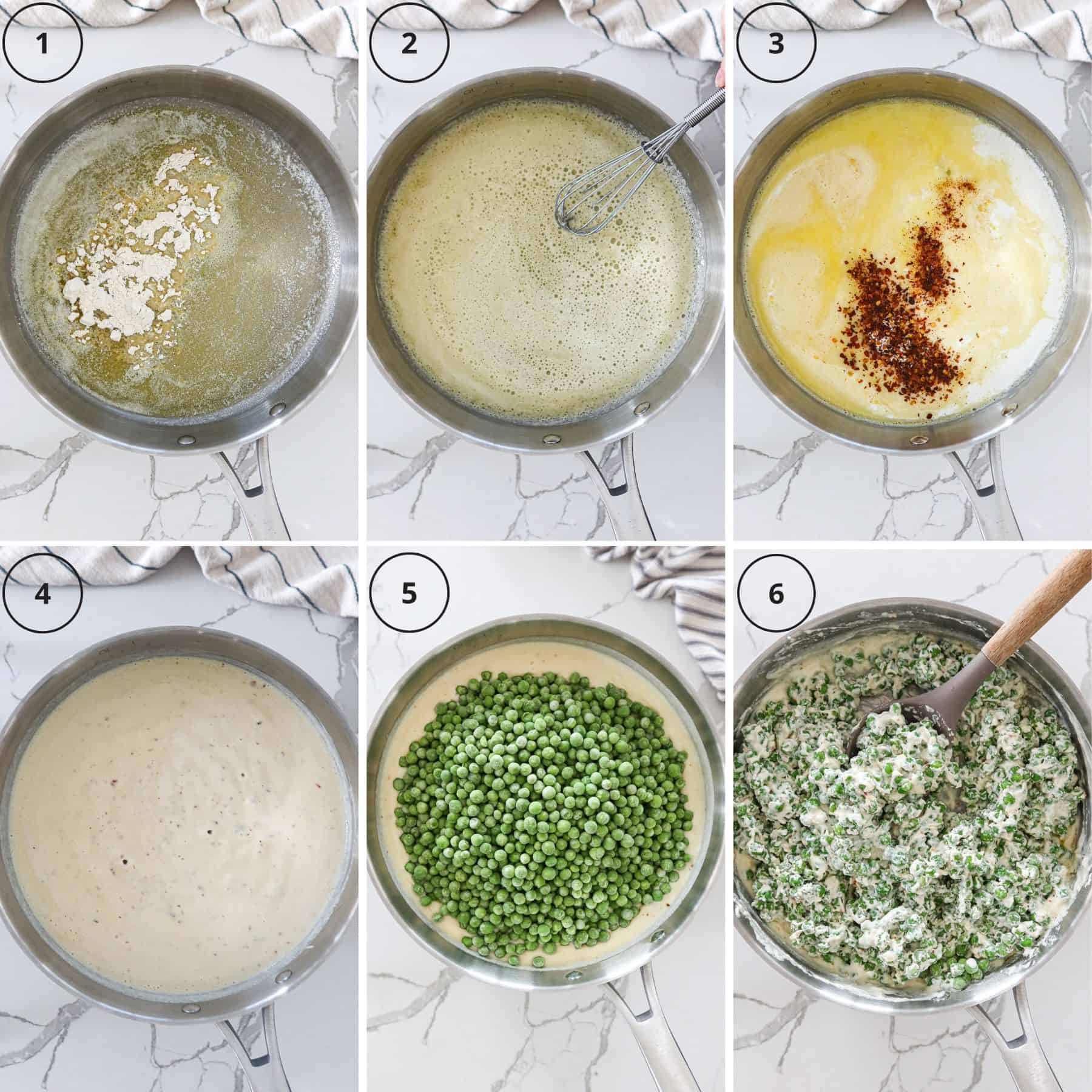 Six image collage showing how to prepare creamed peas.