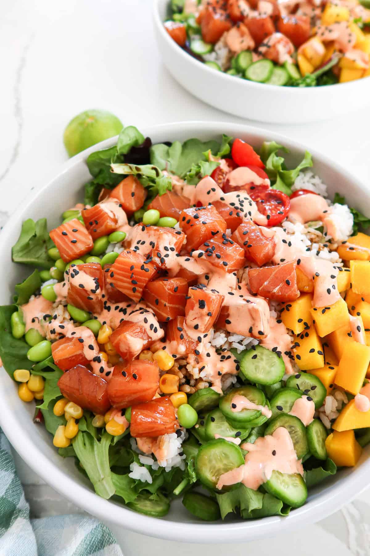 Salmon poke bowl close up.