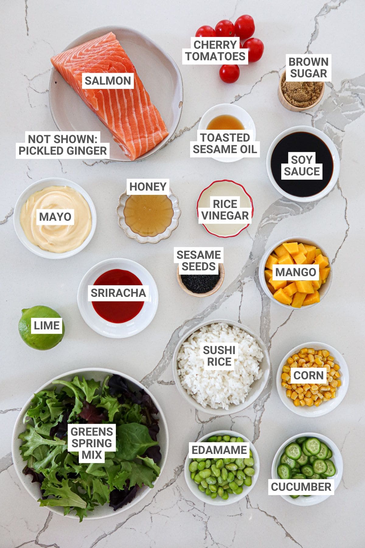 Salmon poke bowl ingredients with text overlay labels.