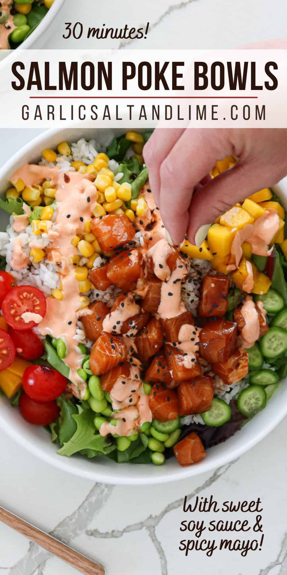 Salmon poke bowl with text overlay for Pinterest.
