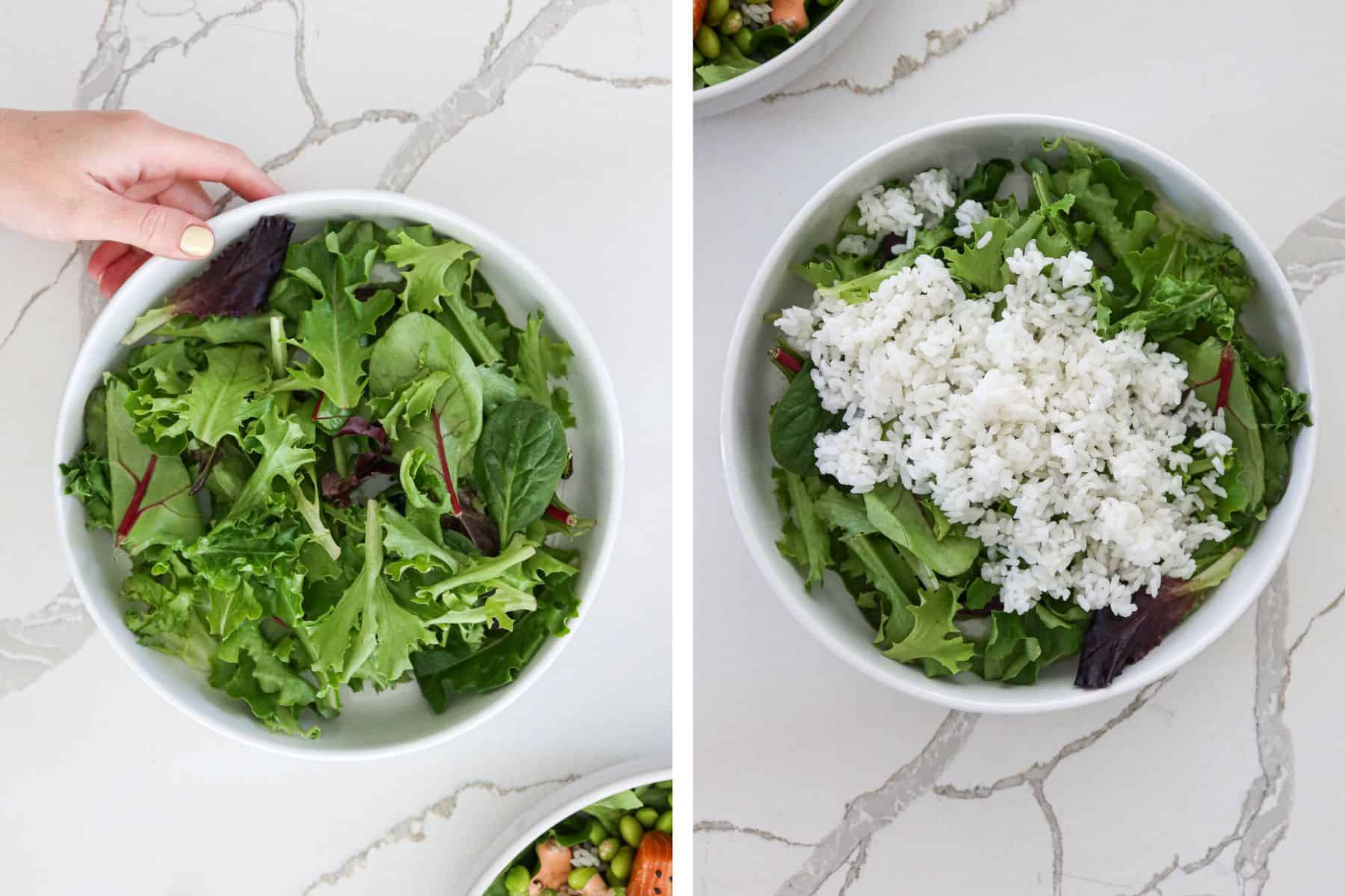 Left: bed of greens in a bowl. Right: rice added atop greens.