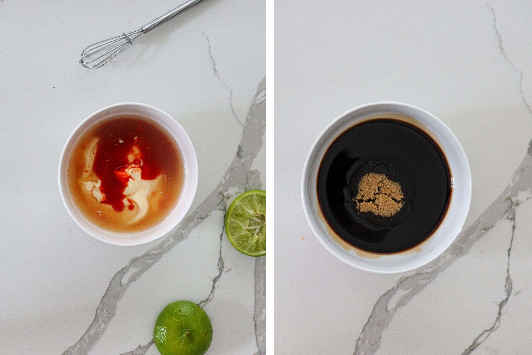 Left: sriracha mayo ingredients in small bowl. Right: sweet soy sauce ingredients in small bowl.