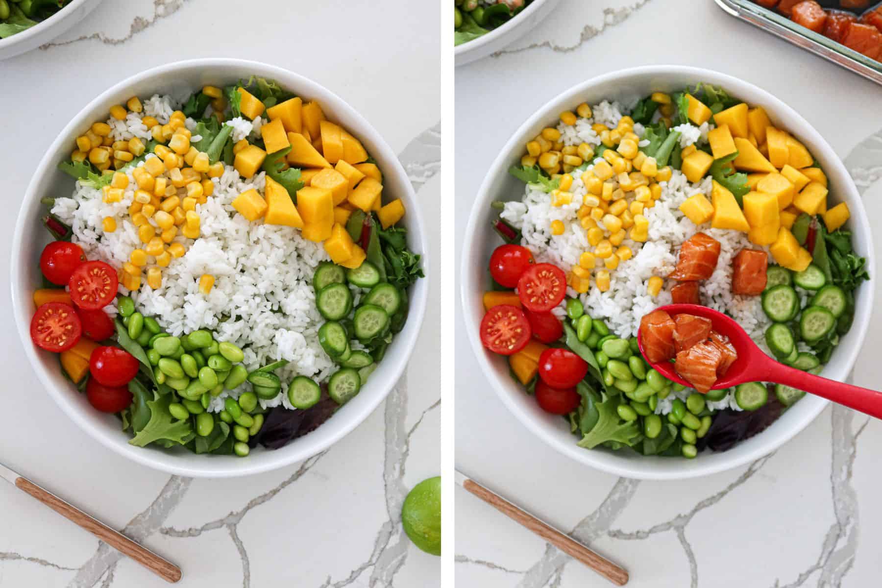 Left: greens, rice and poke toppings in bowl. Right: adding marinated salmon to bowl.