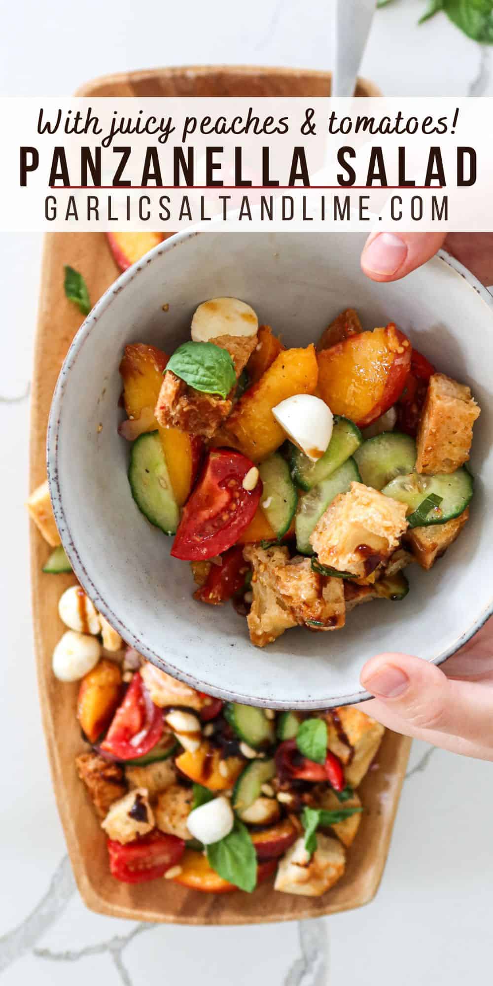 Peach panzanella salad with text overlay for Pinterest.