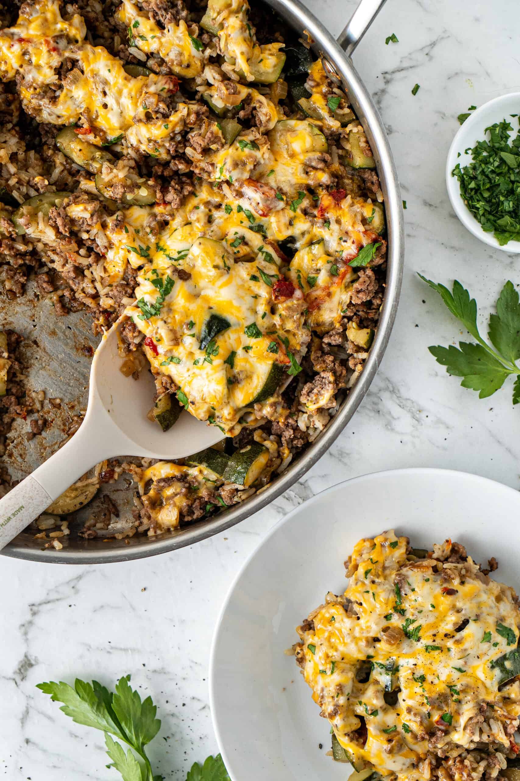 Zucchini ground beef and rice casserole.
