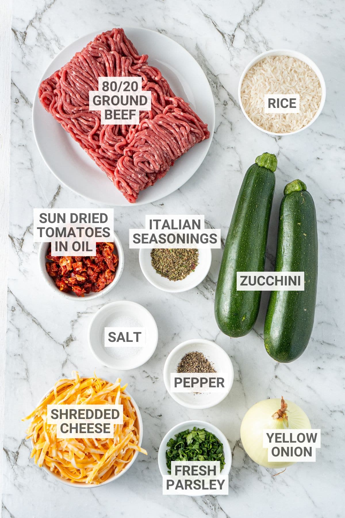 Ingredients for zucchini ground beef casserole with text overlay labels.