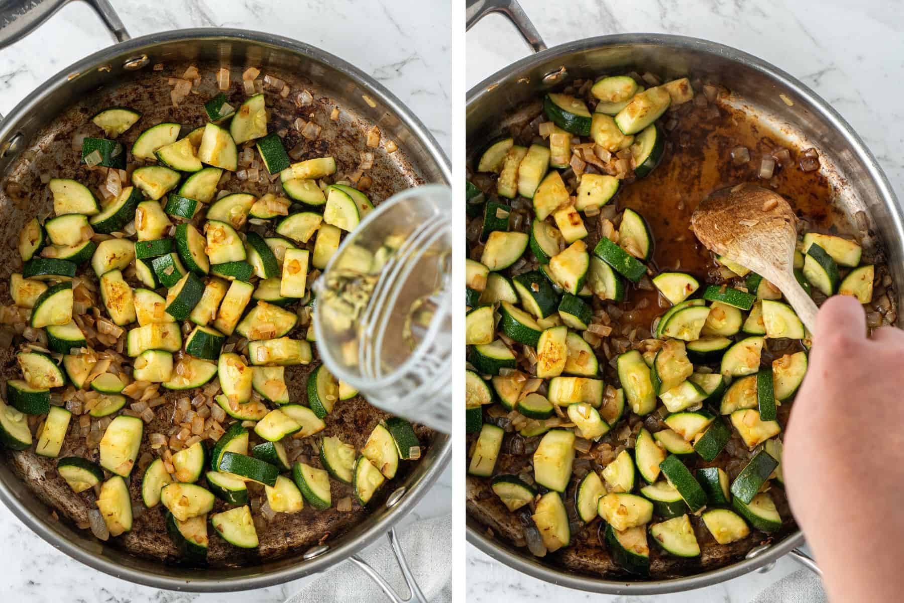 Adding water to sautéed veggies for deglazing.