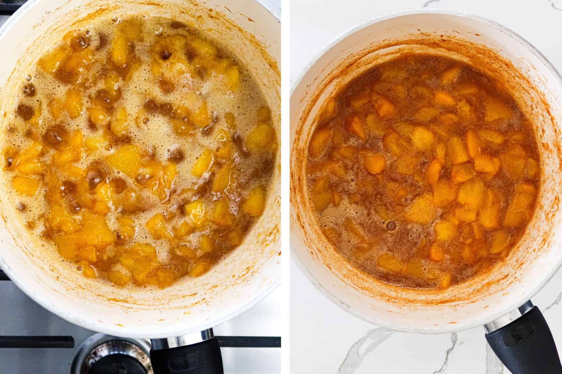 Left: Boiling peach compote ingredients in a saucepan. Right: peach compote in a saucepan.