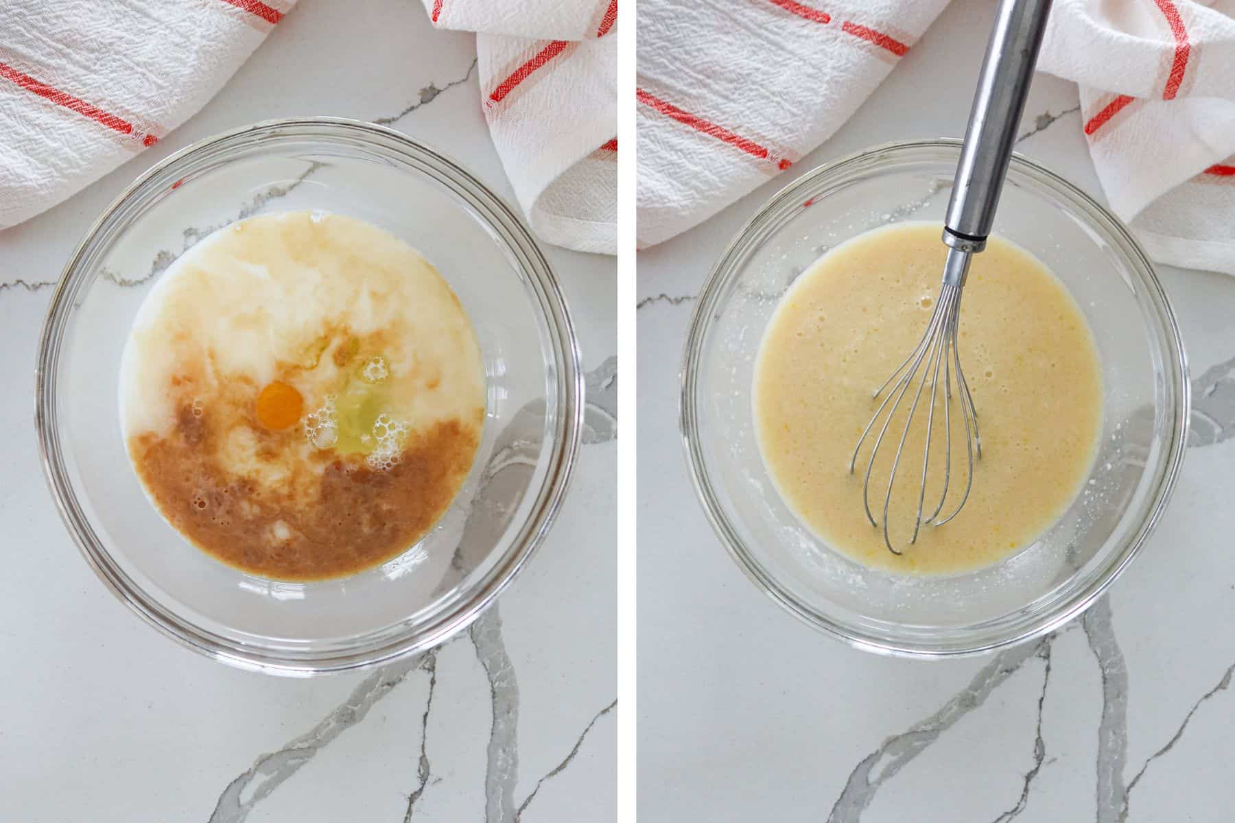 Left: Wet ingredients measured into a glass mixing bowl. Right: Wet ingredients whisked together.
