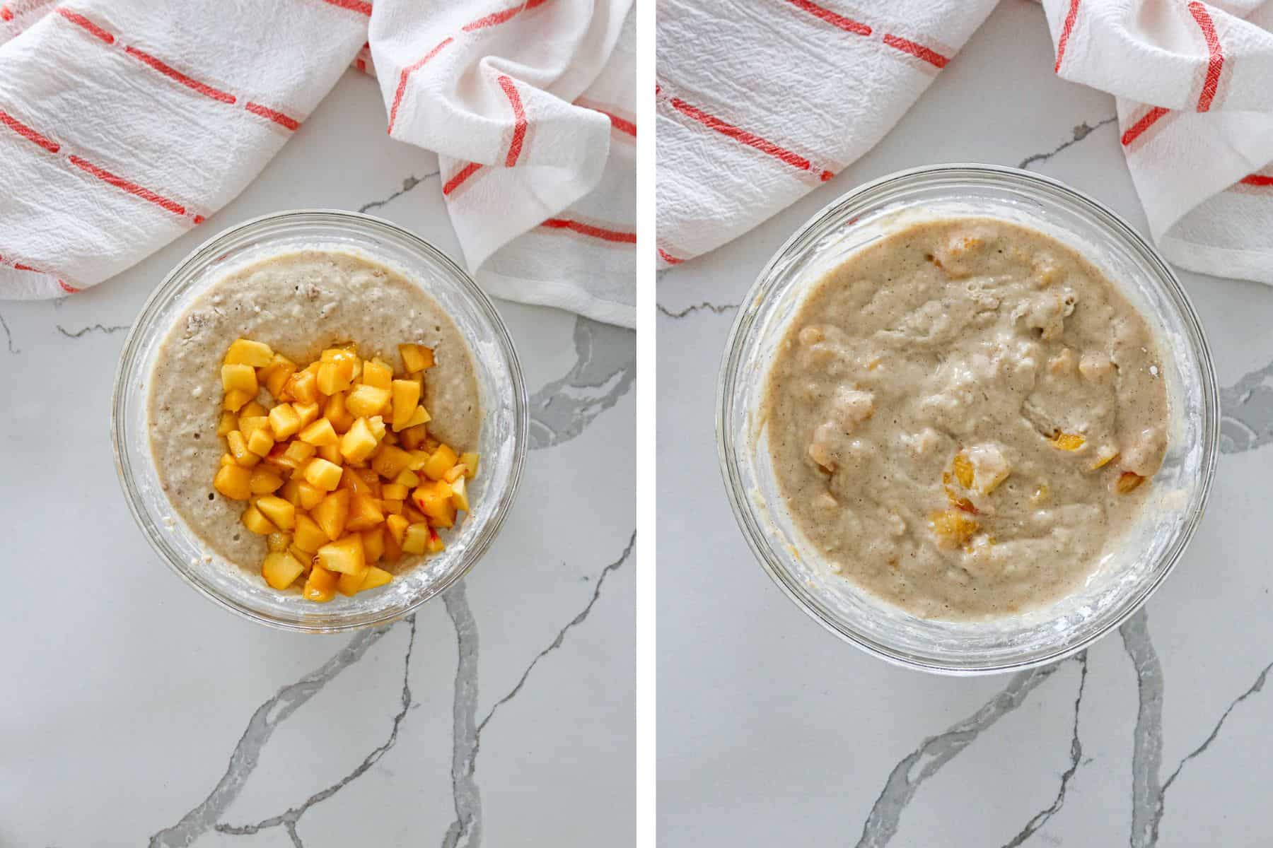 Left: Diced peaches added to pancake batter. Right: Peaches folded into batter.