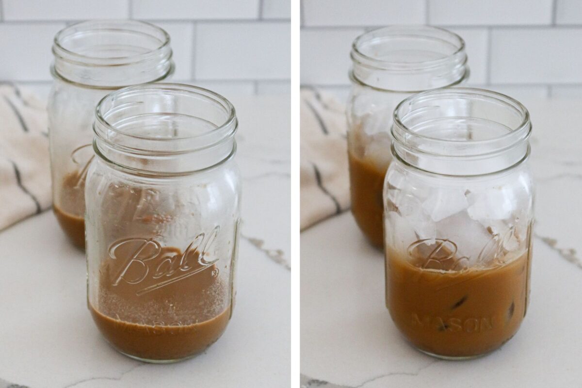Left: Espresso and pumpkin sauce mixed together in jar. Right: Ice added to jar.