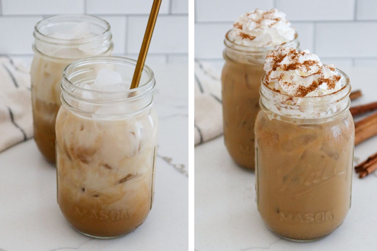Left: Stirring milk into jar. Right: Latte topped with whip cream and a dash of cinnamon.