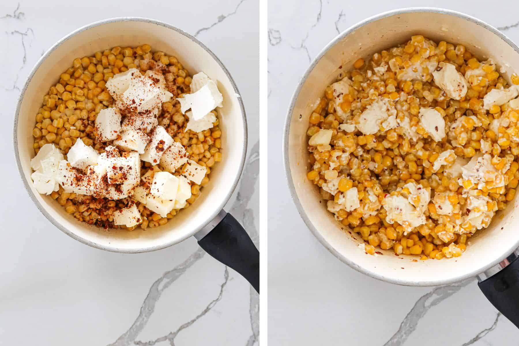 Left: ingredients for creamed corn measured into pot. Right: ingredients beginning to melt together.