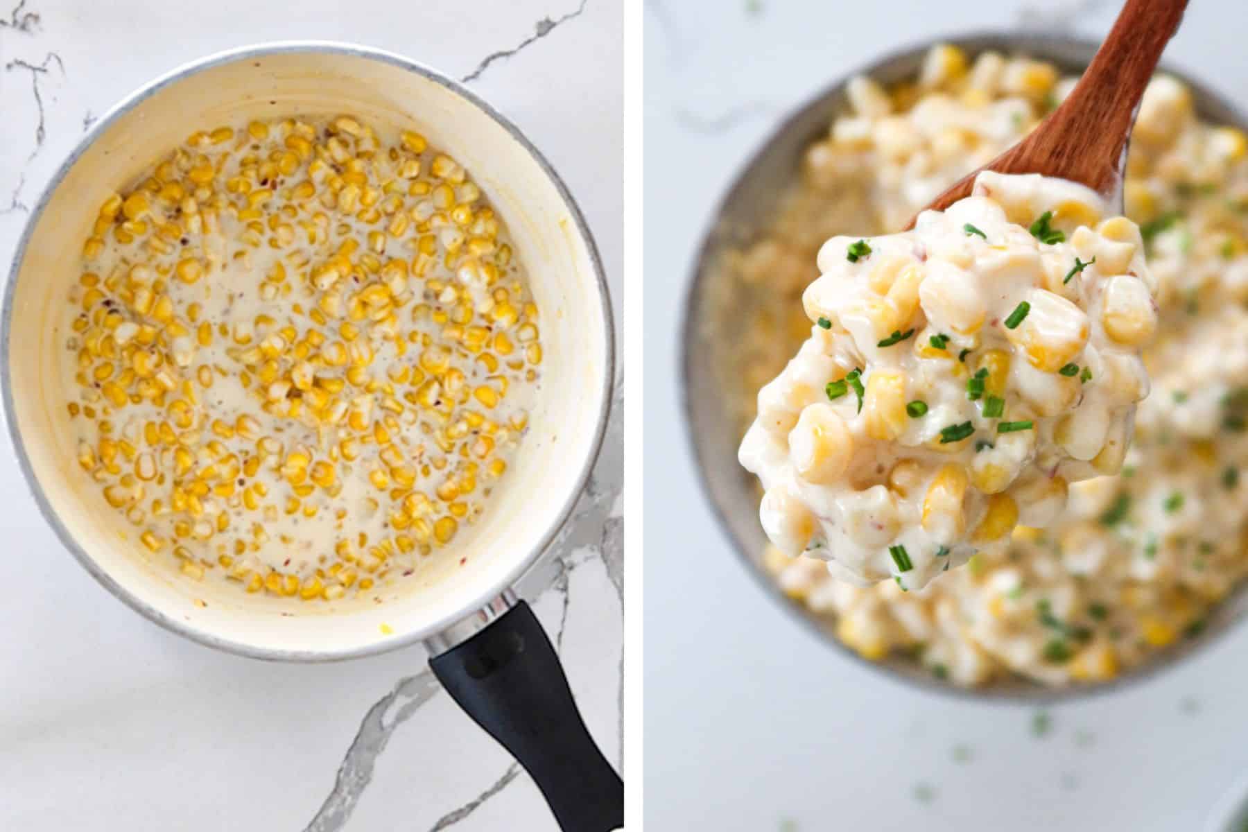 Left: cream cheese corn in a saucepan. Right: spoonful of cream corn.