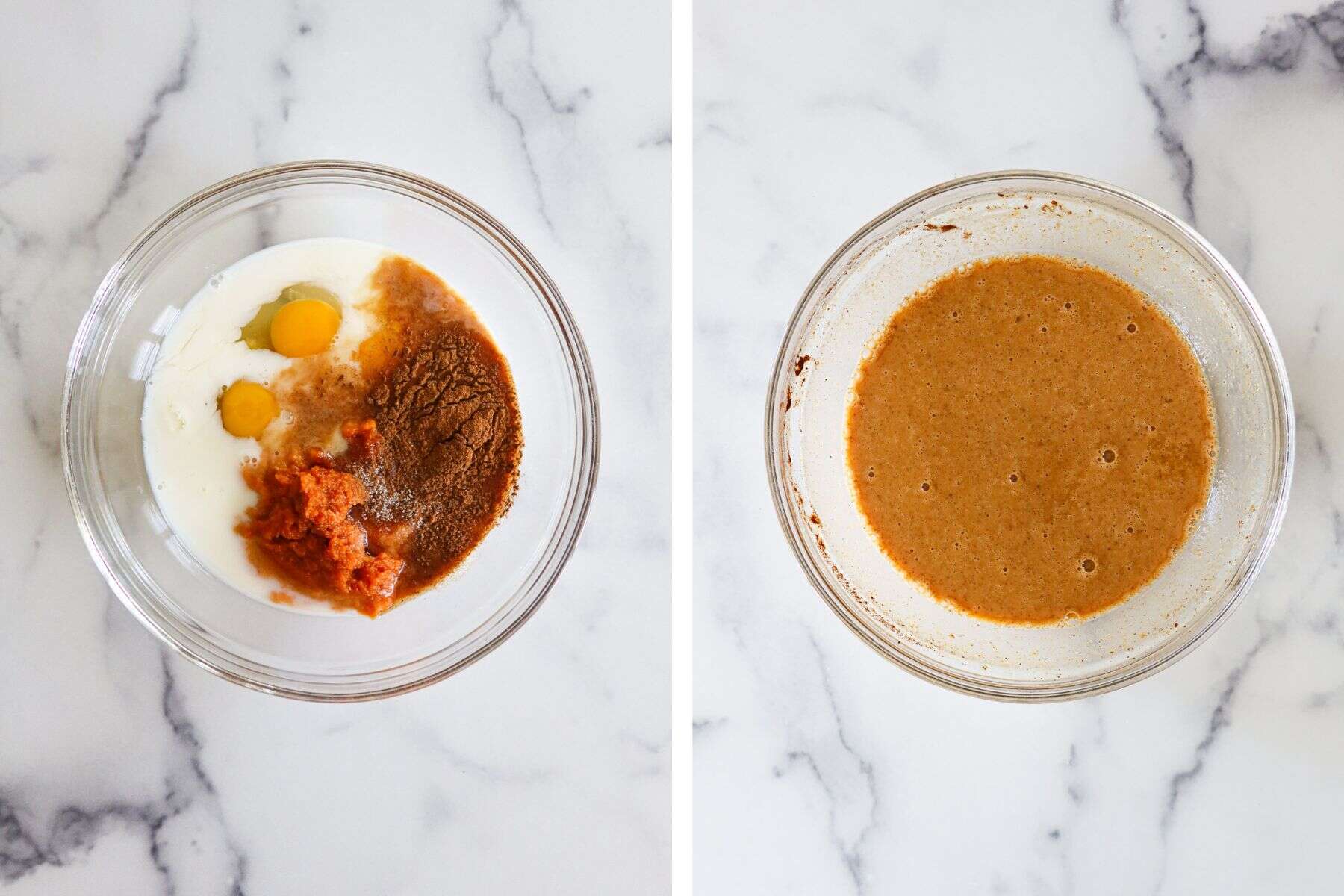Left: Pumpkin french toast ingredients measured into a bowl. Right: Ingredients whisked together.