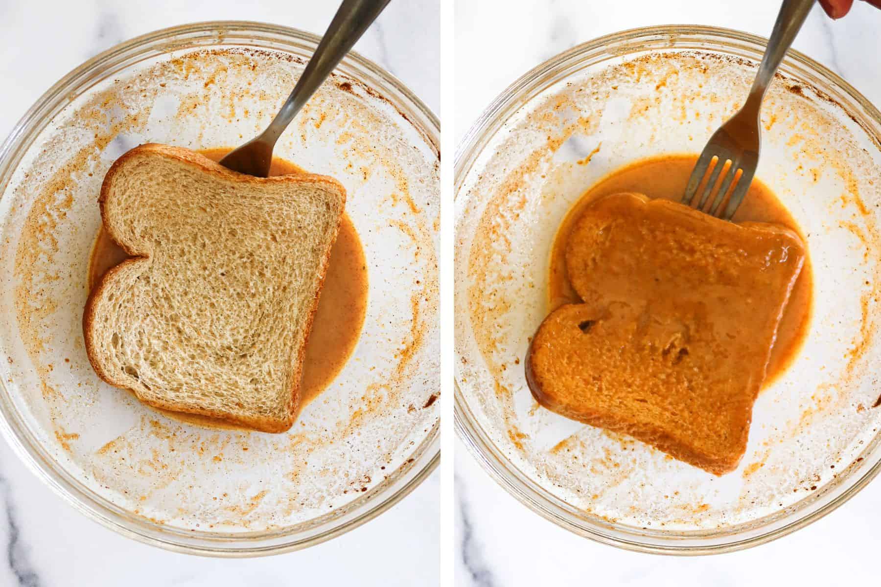 Dipping bread in pumpkin french toast batter.