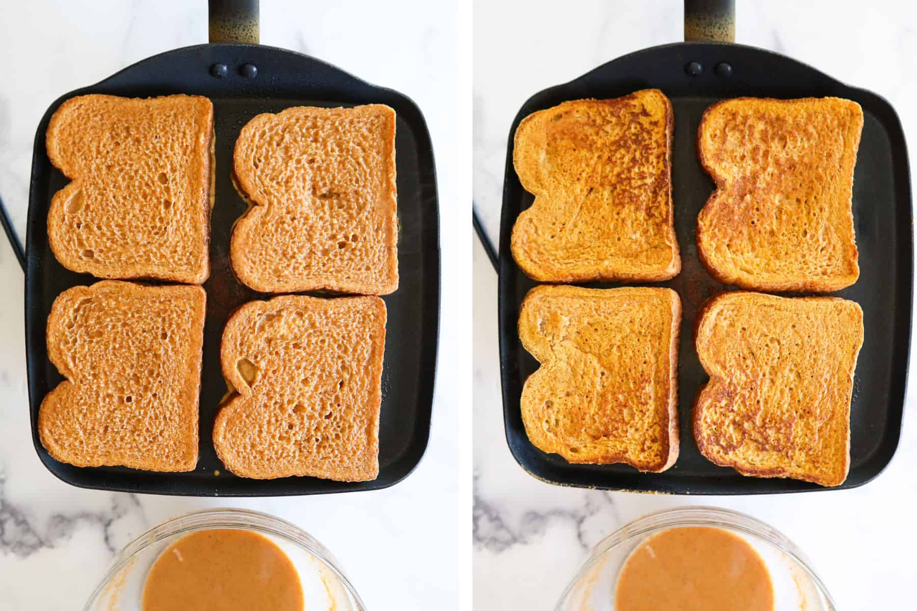 Cooking french toast on a skillet pan.