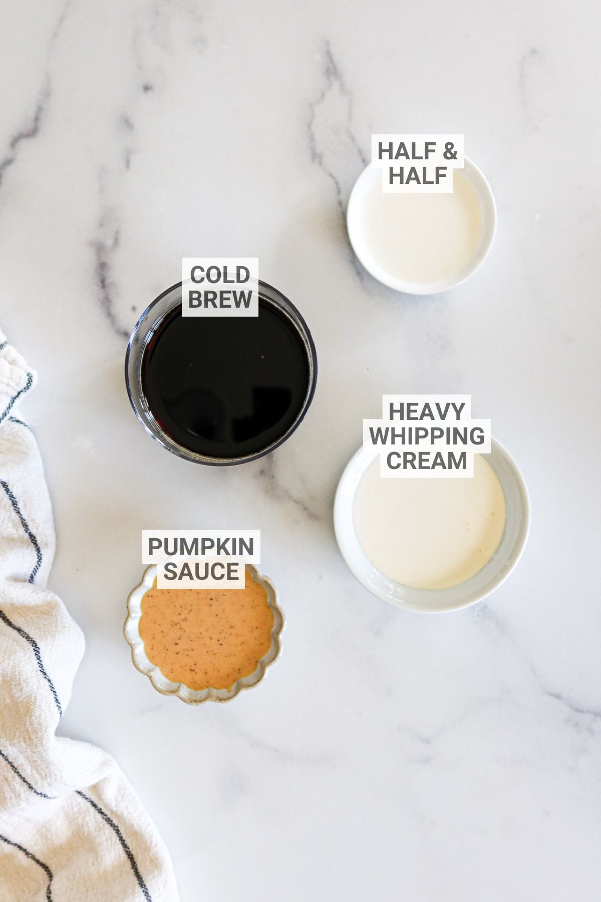 Pumpkin cream cold brew ingredients with text overlay labels.