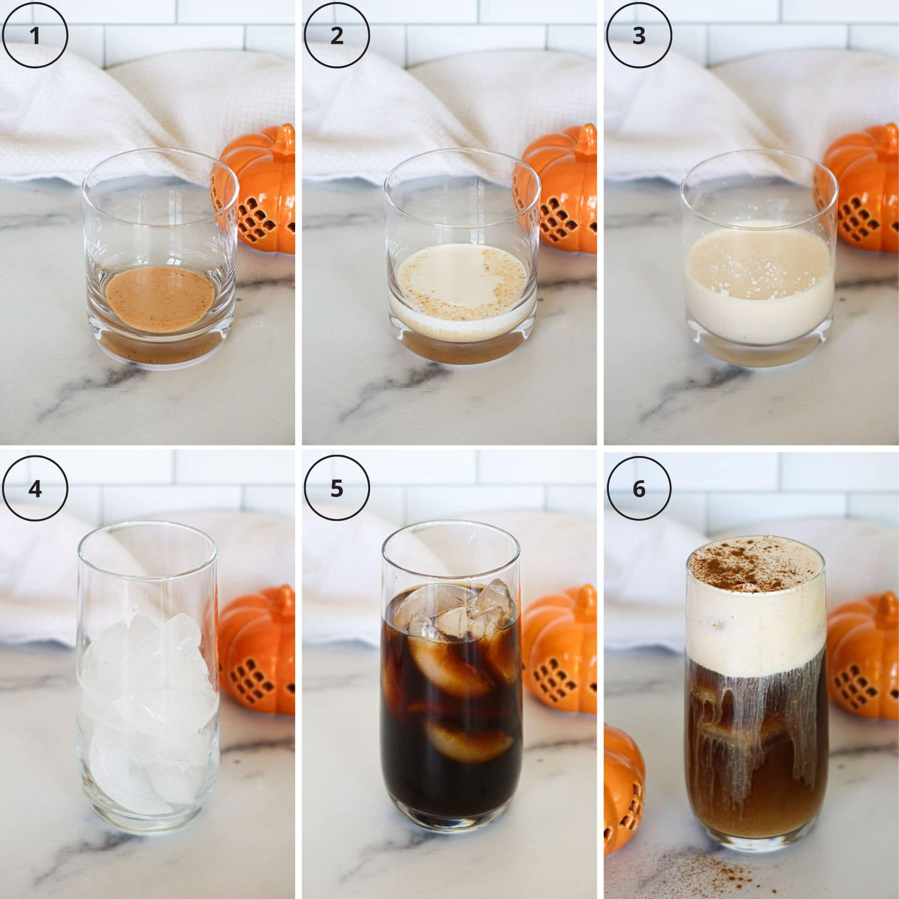 Six image collage showing how to make pumpkin cream cold brew.