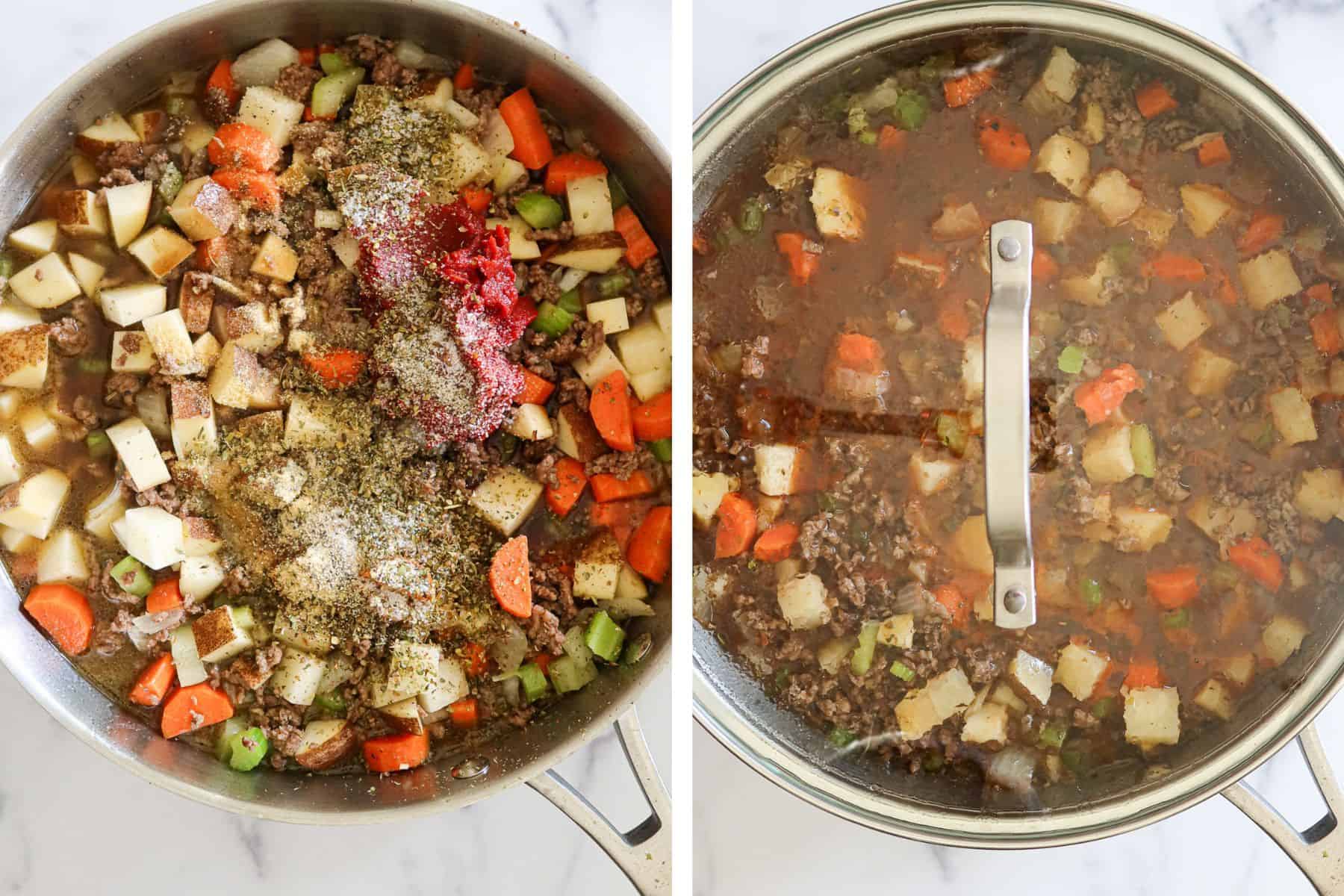 Two image collage showing how to make pot pie filling.