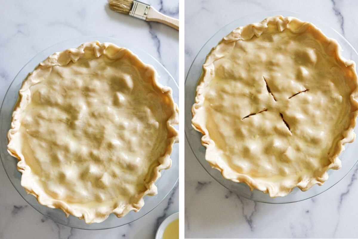 Unbaked pot pie in dish.