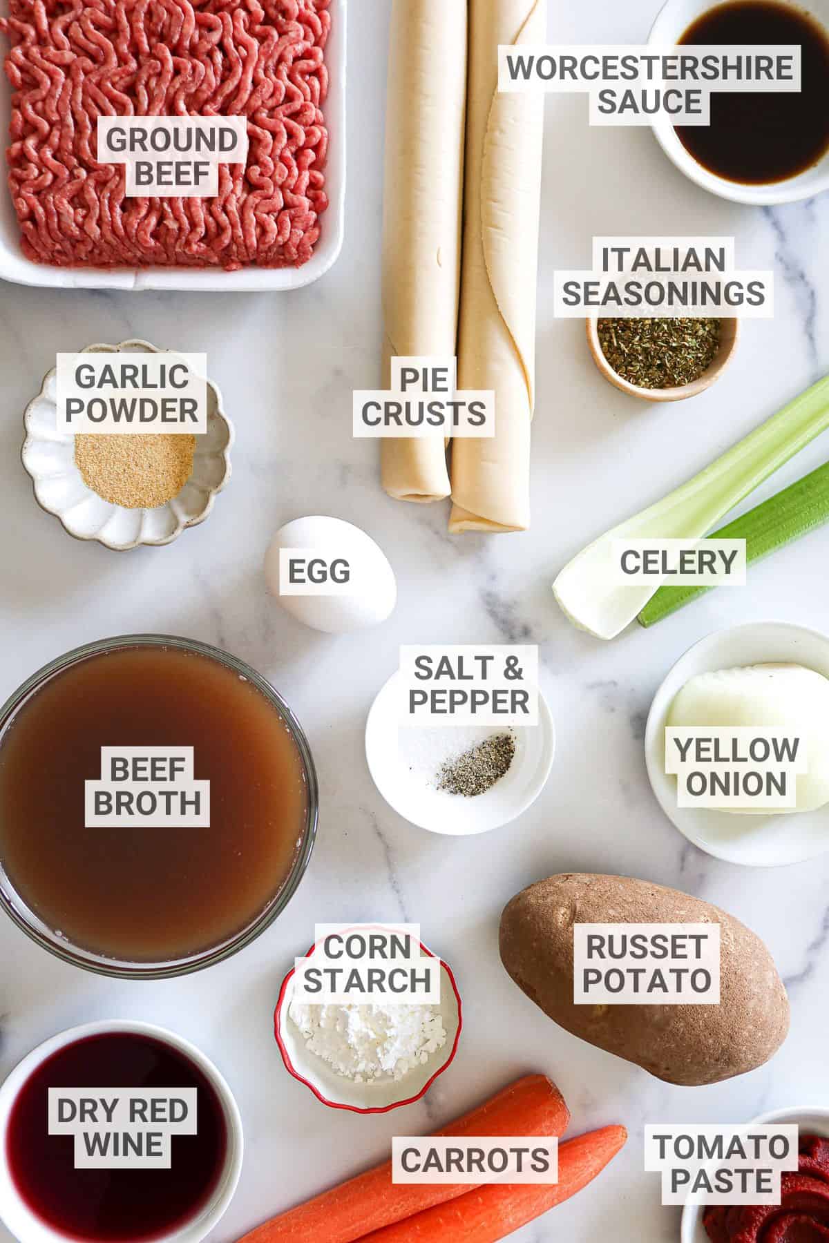 Ground beef pot pie ingredients with text overlay labels.