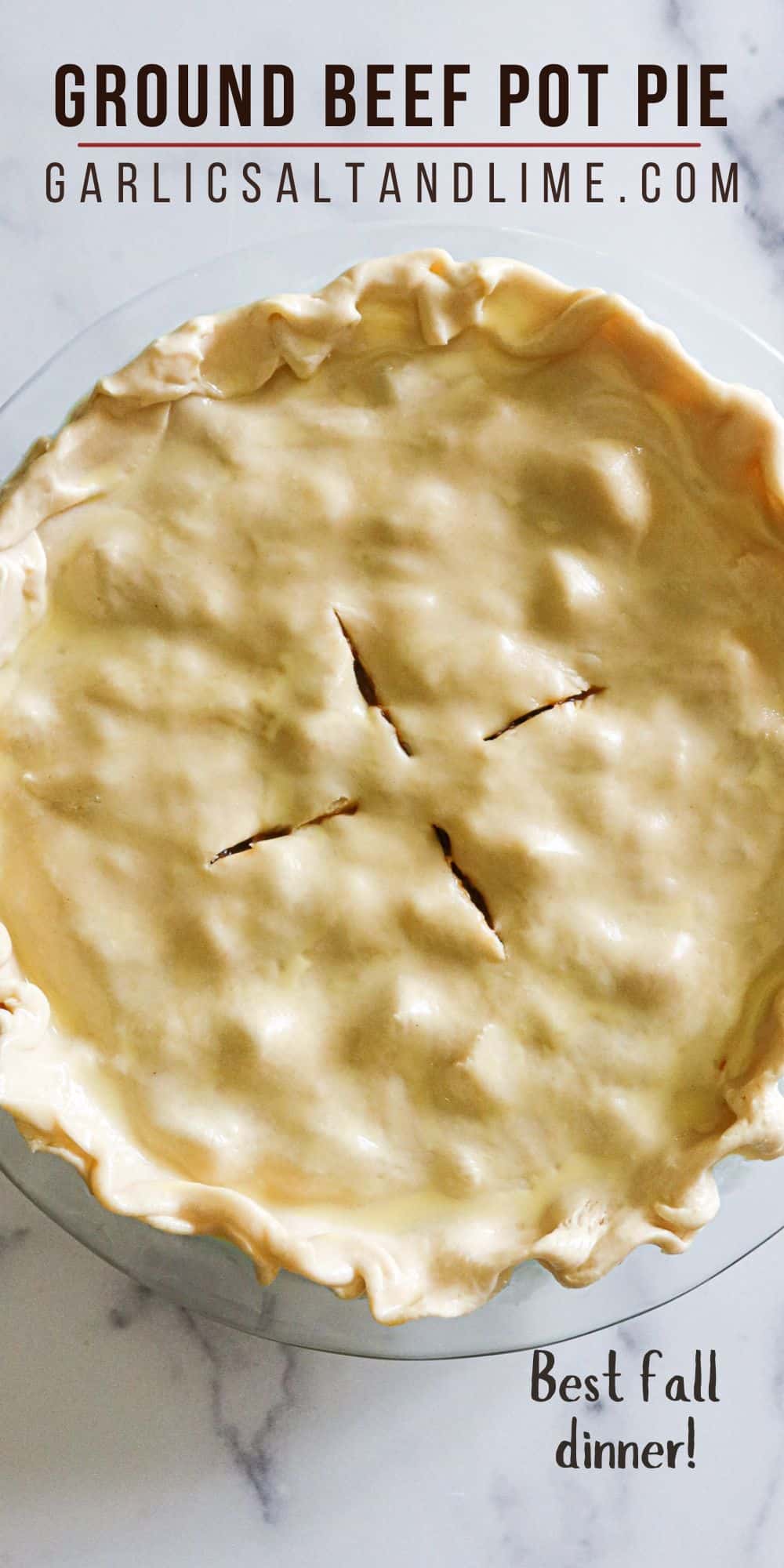 Ground beef pot pie with text overlay for Pinterest.