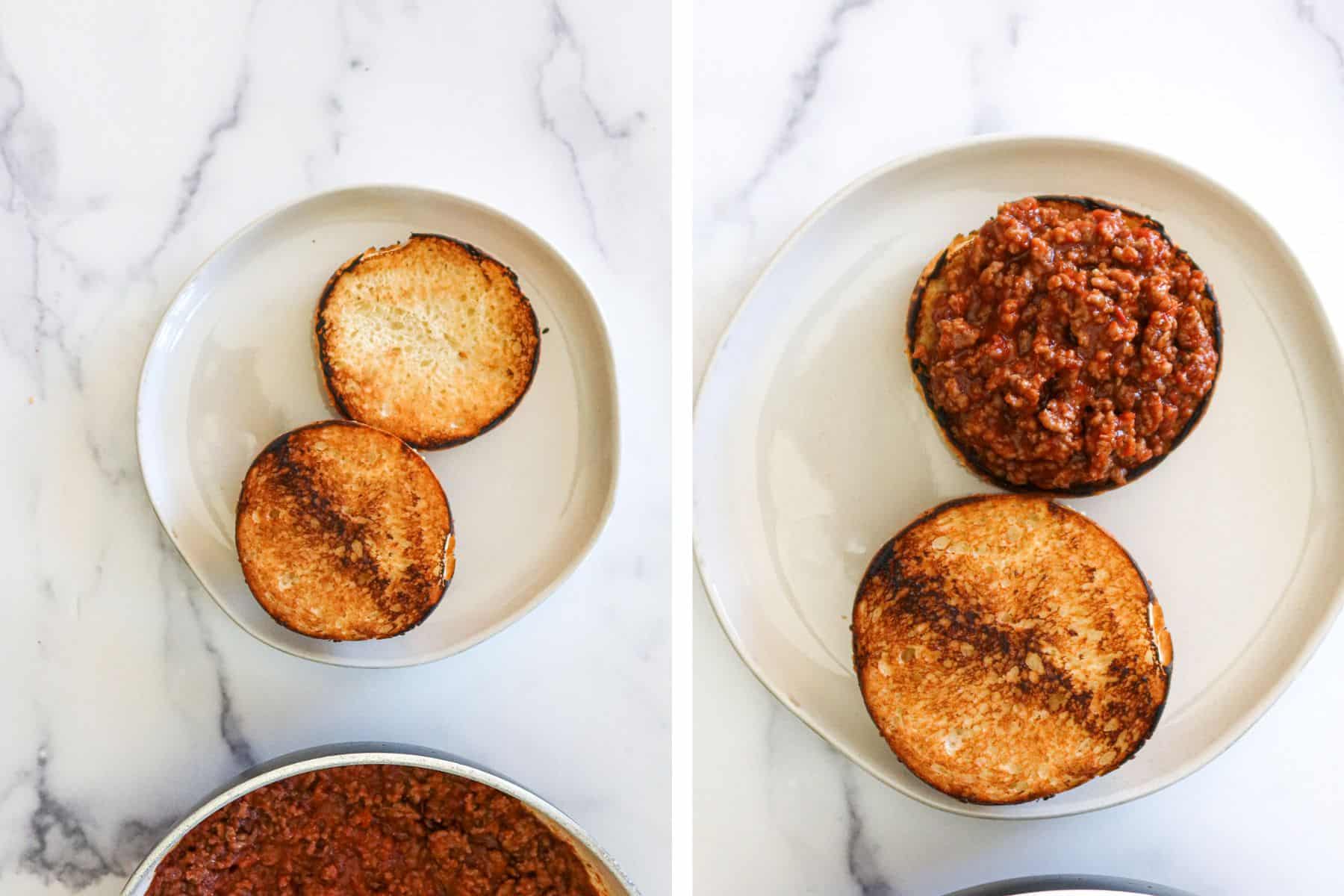 Assembling sloppy joe sandwiches.