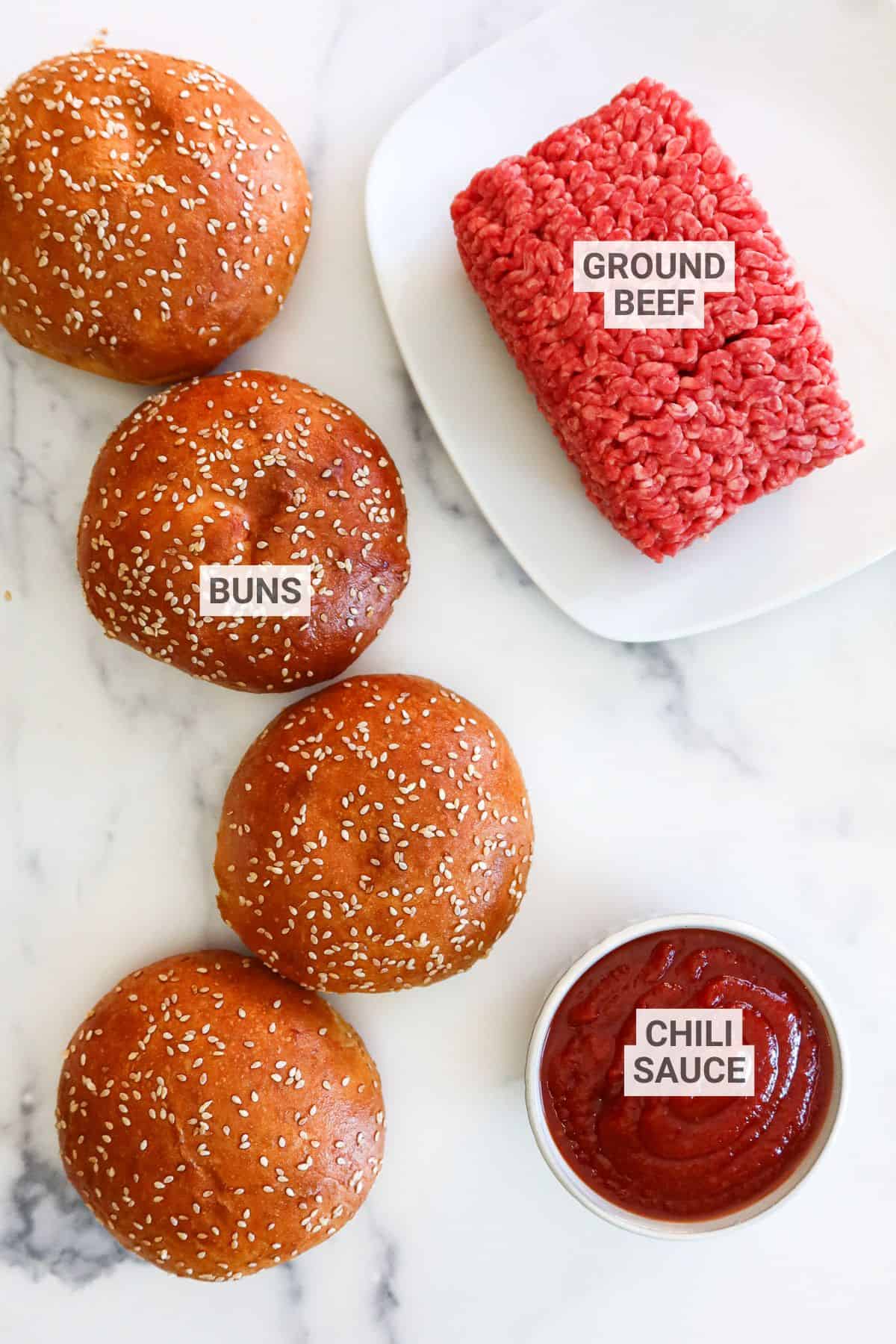 Ingredients for sloppy joes with text overlay labels.