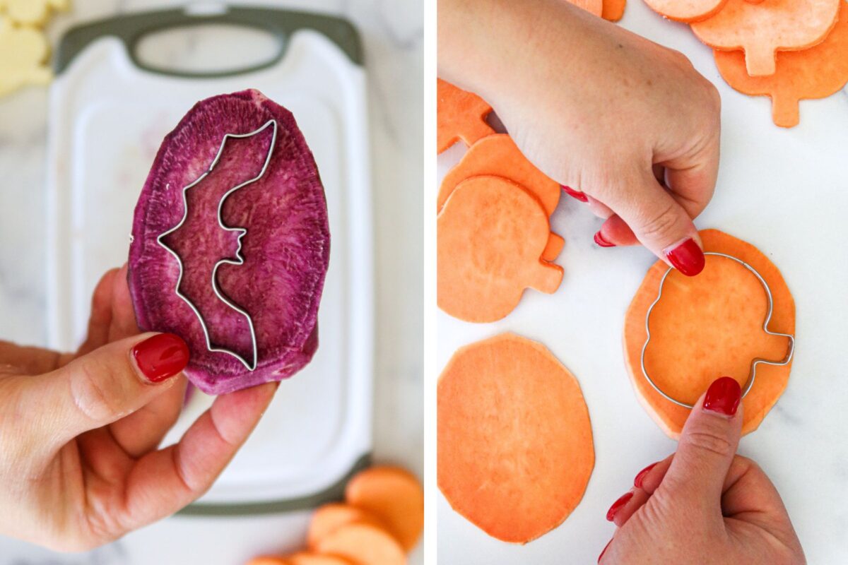 Cutting out orange pumpkin and purple bat shapes.