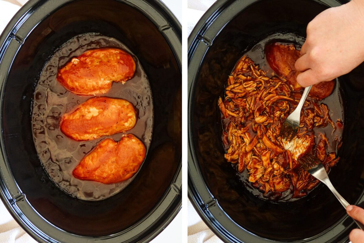 Left: cooked chicken in crockpot. Right: shredding chicken in crockpot.