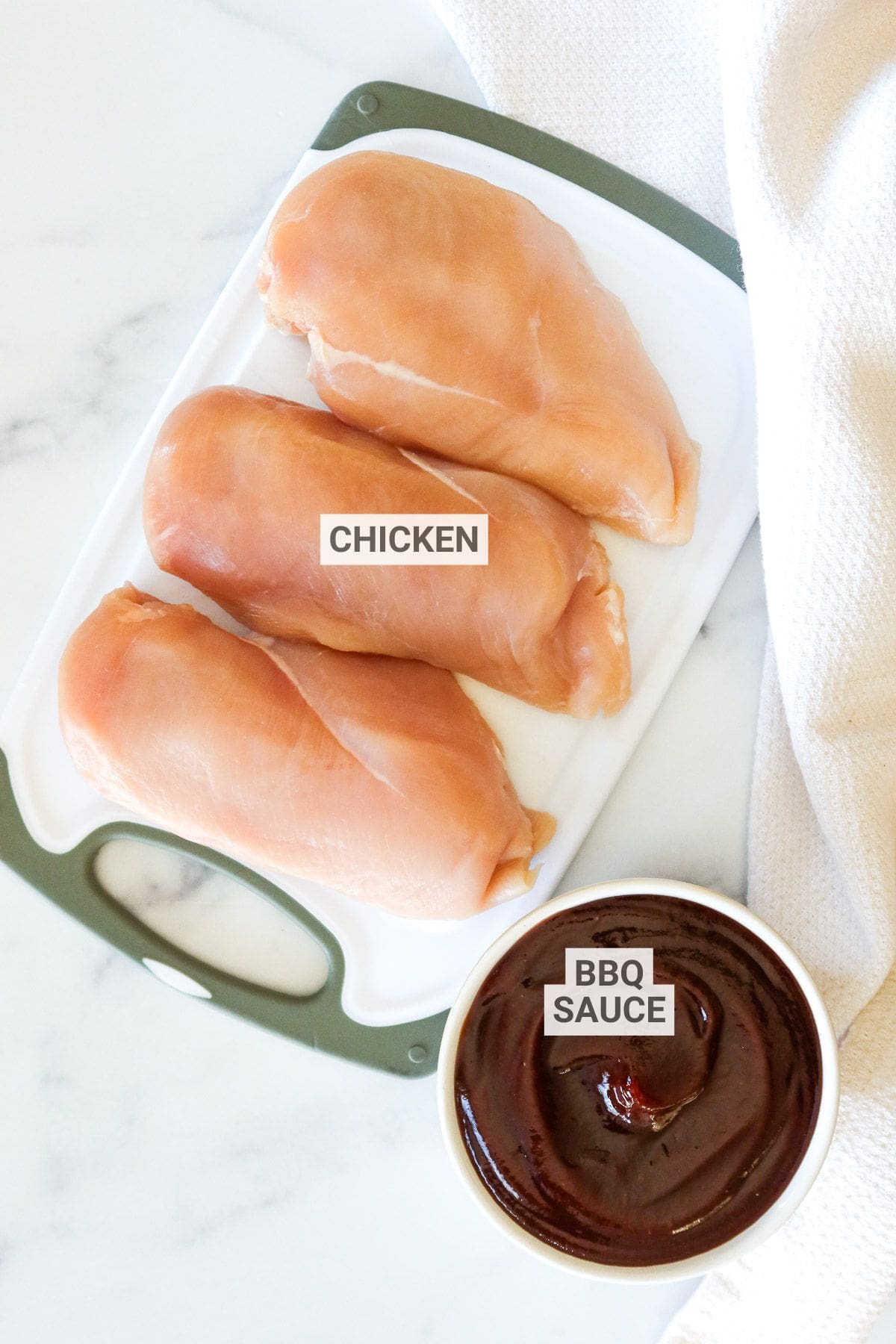 Barbecue chicken ingredients with text overlay labels.