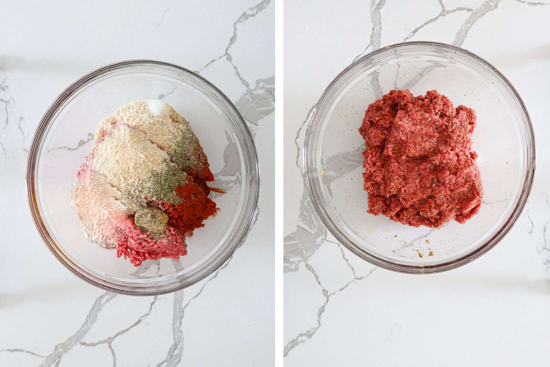 Left: Ingredients measured into a mixing bowl. Right: Ingredients mixed together.