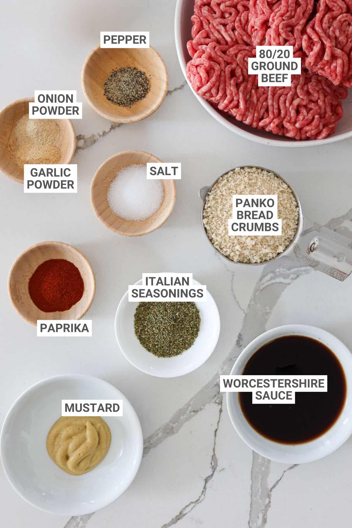 Eggless meatballs ingredients with text overlay labels.